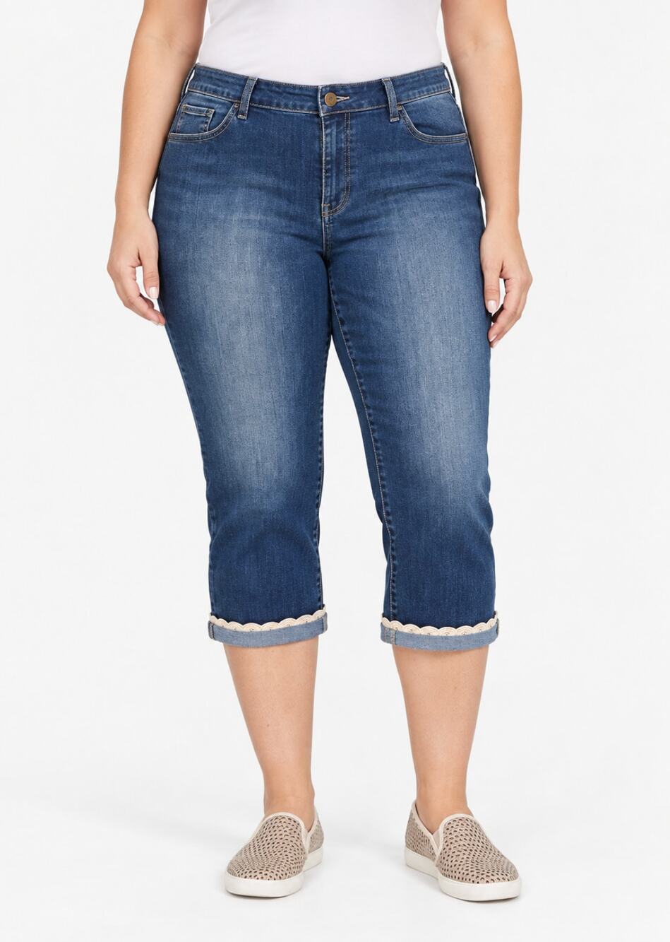 LOGO LORI GOLDSTEIN Capri Jeans Size 26W Blue Deep Indigo Eyelet Cuff NWOT